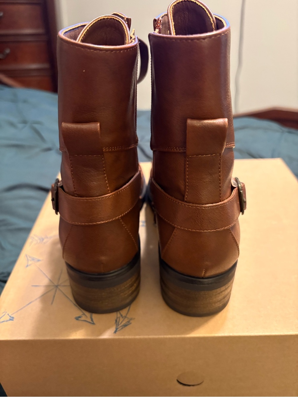 Indigo Cognac Brown Lace-Up Leather-Style Boots with Side Buckle - Picture 2 of 6